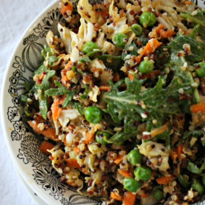 Featured on the Homestead Blog Hop -Green-Pea-Kale-Quinoa-Salad-with-Peanut-Dressing