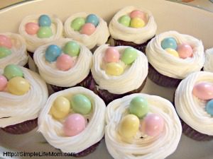 Easter Chocolate Cupcakes - Bird's Nest Cupcakes with candied eggs.