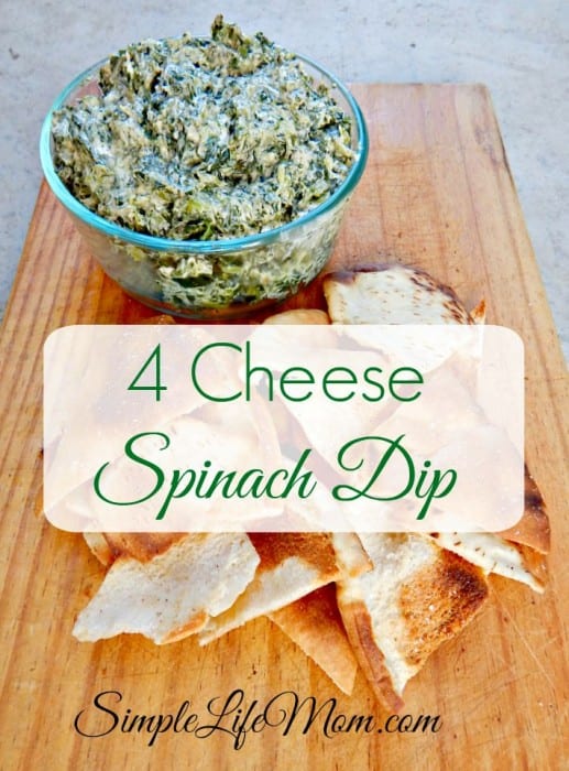 4 Cheese Spinach Dip with mozarella, parmesan, cream cheese, and cheddar cheeses from Simple Life Mom