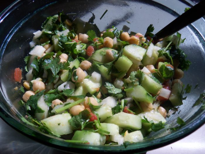 Healthy Cucumber Cilantro Salad with turmeric and chickpeas. 
