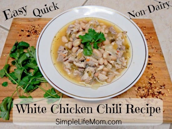 Easy White Chicken Chili Recipe - dairy free and gluten free from Simple Life Mom