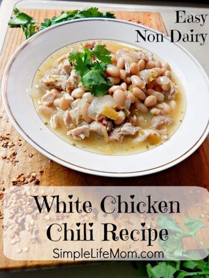 Easy White Chicken Chili Recipe that's dairy-free gluten free from Simple Life Mom