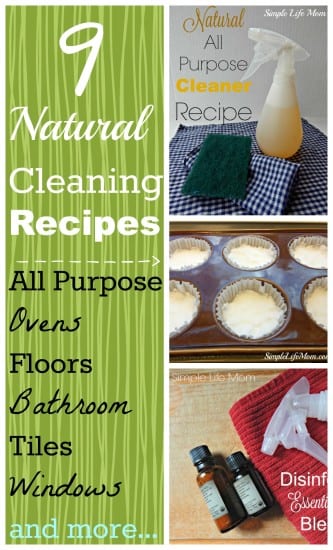 9 Natural Cleaning Recipes - all purpose cleaner, oven cleaner, floor cleaner, tiles, windows and more. Organic and natural ingredients only.