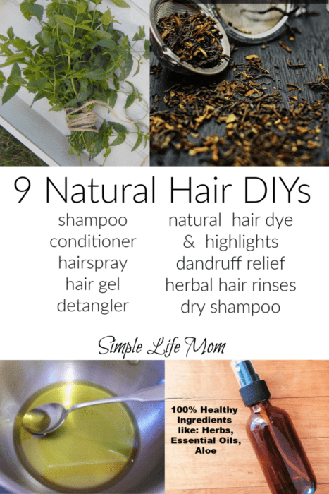 9 Natural Hair DIYs: shampoo, condition, harispray, gel, dye and highlight, detanlger, dry shampoo and dandruff relief by Simple Life Mom