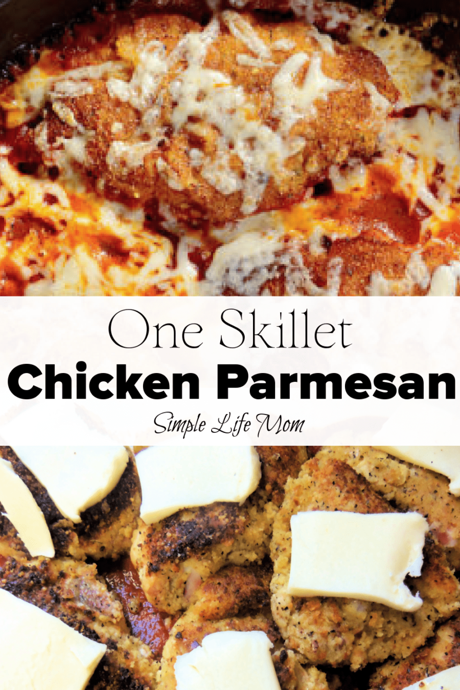 This one skillet chicken parmesan recipe makes a great weeknight meal or easy dinner for friends. A one skillet meal with marinara sauce. Gluten Free dinner.