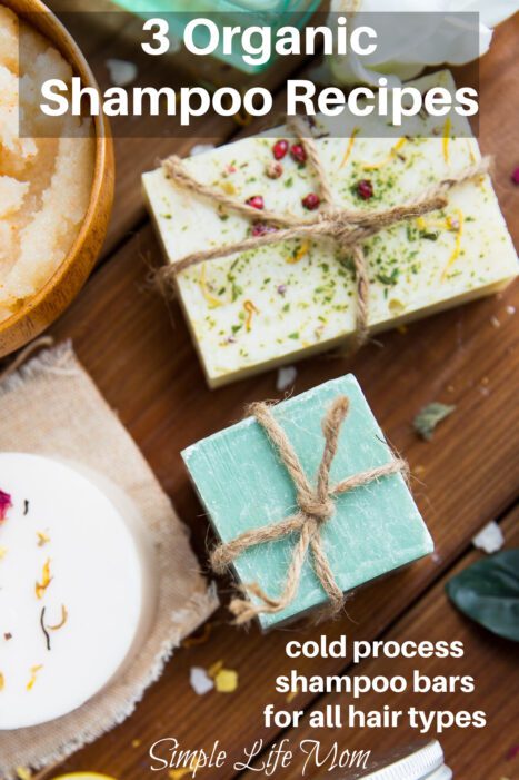 Make these 3 Organic Shampoo Bar recipes for all hair types made with cold process and scented with essential oils. From Simple Life Mom